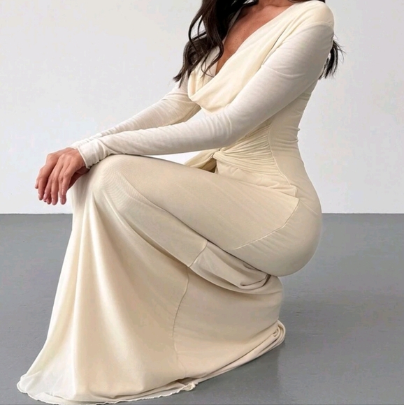 Long Sleeve Skin-Tight Mesh Apricot Color Dress - Picture 4 of 5